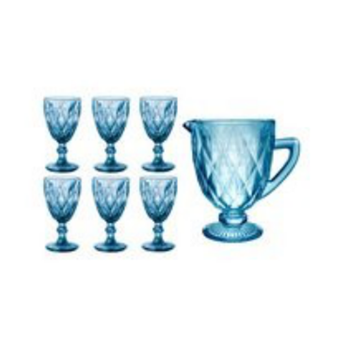 CJTO JARRA E TACAS VITRAL AZUL 7PCS