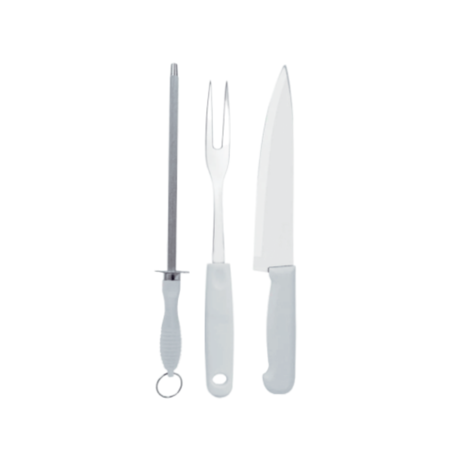 Kit 3 Pçs Faca, Chaira e Garfo 30 cm - INOX e Plástico